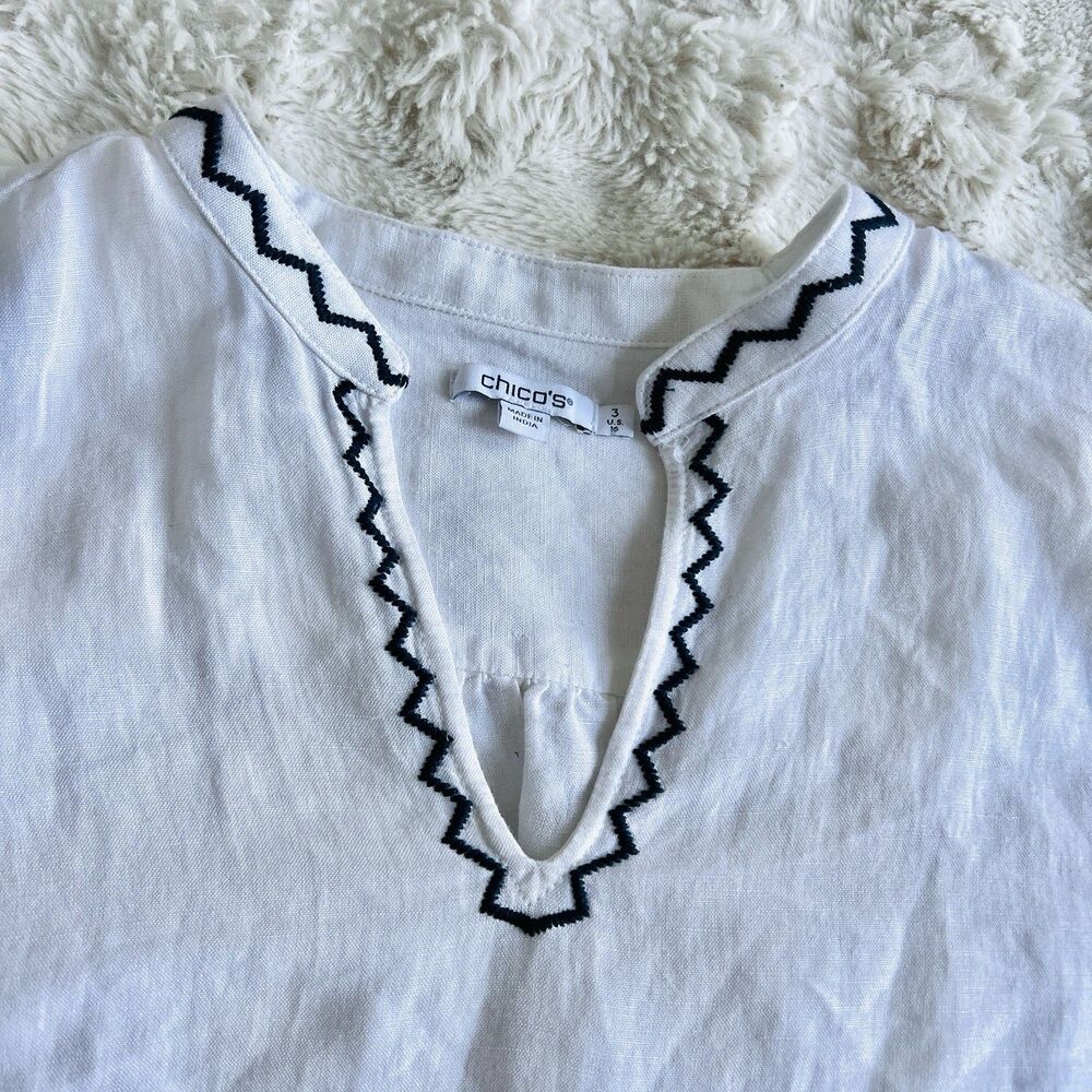 Chico's White & Blue Linen Blend Floral Puff Sleeve Boho Lagenlook Blouse Sz 16 - Picture 3 of 10
